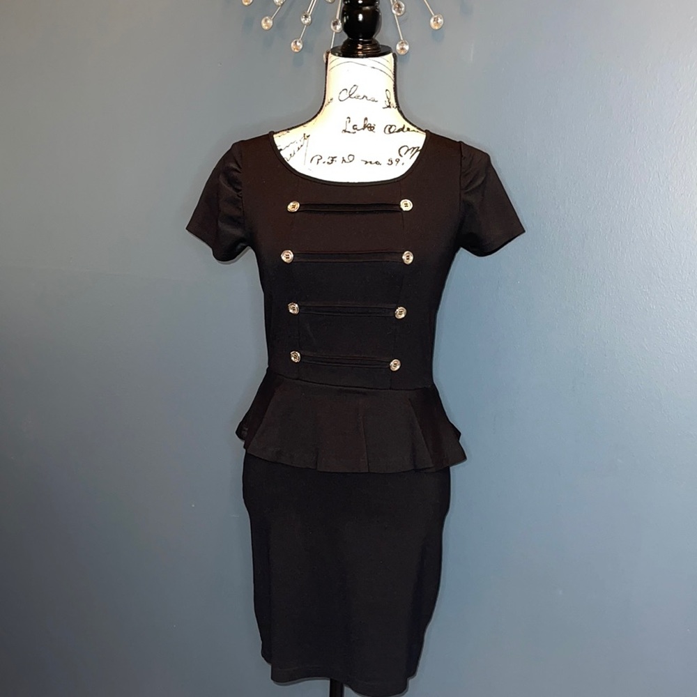 Pink Rose Button Detail Black Peplum Dress Size S